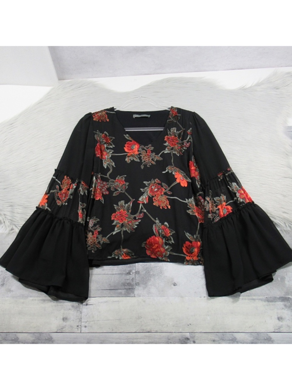 LOLA Italy Black Silk Blend Floral Bell Sleeve Boho Blouse Medium